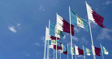 Guatemala and Qatar Flags Waving Together in the Sky, Seamless Loop in Wind, Space on Left Side for Design or Information, 3D Rendering video