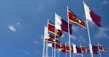 Eswatini and Qatar Flags Waving Together in the Sky, Seamless Loop in Wind, Space on Left Side for Design or Information, 3D Rendering video