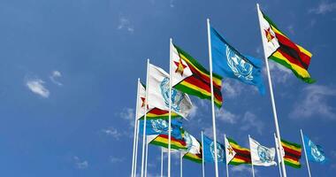 Zimbabwe and United Nations, UN Flags Waving Together in the Sky, Seamless Loop in Wind, Space on Left Side for Design or Information, 3D Rendering video