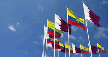 Ecuador and Qatar Flags Waving Together in the Sky, Seamless Loop in Wind, Space on Left Side for Design or Information, 3D Rendering video