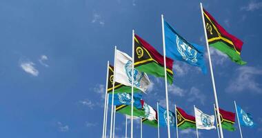 Vanuatu and United Nations, UN Flags Waving Together in the Sky, Seamless Loop in Wind, Space on Left Side for Design or Information, 3D Rendering video