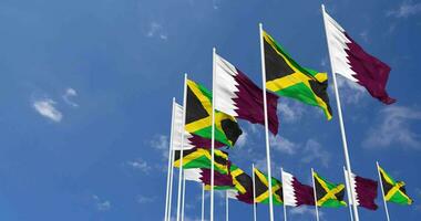 Jamaica and Qatar Flags Waving Together in the Sky, Seamless Loop in Wind, Space on Left Side for Design or Information, 3D Rendering video