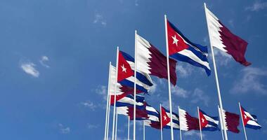 Cuba and Qatar Flags Waving Together in the Sky, Seamless Loop in Wind, Space on Left Side for Design or Information, 3D Rendering video