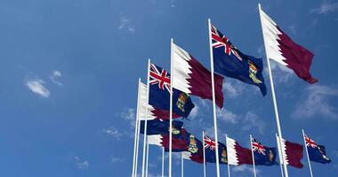 Cayman Islands and Qatar Flags Waving Together in the Sky, Seamless Loop in Wind, Space on Left Side for Design or Information, 3D Rendering video