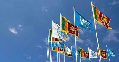 sri lanka y unido naciones, Naciones Unidas banderas ondulación juntos en el cielo, sin costura lazo en viento, espacio en izquierda lado para diseño o información, 3d representación video