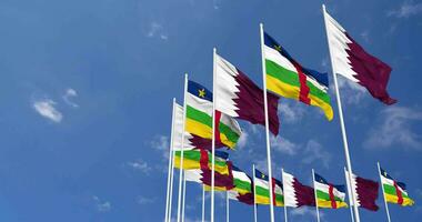 Central African Republic and Qatar Flags Waving Together in the Sky, Seamless Loop in Wind, Space on Left Side for Design or Information, 3D Rendering video