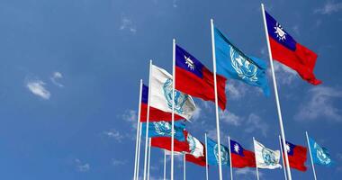 Taiwan and United Nations, UN Flags Waving Together in the Sky, Seamless Loop in Wind, Space on Left Side for Design or Information, 3D Rendering video