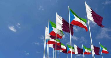 Equatorial Guinea and Qatar Flags Waving Together in the Sky, Seamless Loop in Wind, Space on Left Side for Design or Information, 3D Rendering video