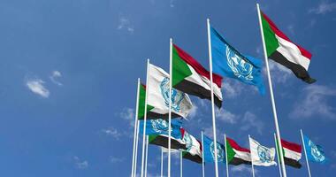 Sudan and United Nations, UN Flags Waving Together in the Sky, Seamless Loop in Wind, Space on Left Side for Design or Information, 3D Rendering video