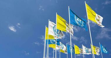 Vatican City and United Nations, UN Flags Waving Together in the Sky, Seamless Loop in Wind, Space on Left Side for Design or Information, 3D Rendering video