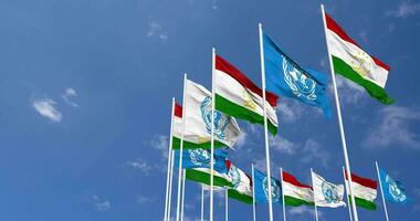 Tajikistan and United Nations, UN Flags Waving Together in the Sky, Seamless Loop in Wind, Space on Left Side for Design or Information, 3D Rendering video