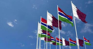 Gambia and Qatar Flags Waving Together in the Sky, Seamless Loop in Wind, Space on Left Side for Design or Information, 3D Rendering video