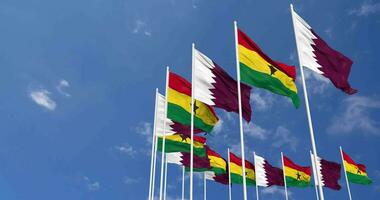 ghana och qatar flaggor vinka tillsammans i de himmel, sömlös slinga i vind, Plats på vänster sida för design eller information, 3d tolkning video