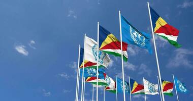 Seychelles e unito nazioni, un bandiere agitando insieme nel il cielo, senza soluzione di continuità ciclo continuo nel vento, spazio su sinistra lato per design o informazione, 3d interpretazione video