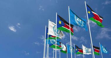 South Sudan and United Nations, UN Flags Waving Together in the Sky, Seamless Loop in Wind, Space on Left Side for Design or Information, 3D Rendering video