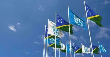 Salomão ilhas e Unidos nações, un bandeiras acenando juntos dentro a céu, desatado ciclo dentro vento, espaço em esquerda lado para Projeto ou Informação, 3d Renderização video