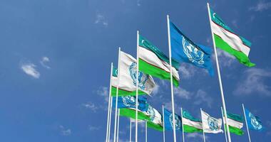 Uzbekistan and United Nations, UN Flags Waving Together in the Sky, Seamless Loop in Wind, Space on Left Side for Design or Information, 3D Rendering video