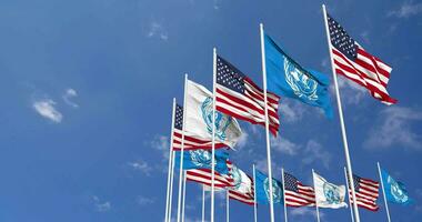 unido estados y unido naciones, Naciones Unidas banderas ondulación juntos en el cielo, sin costura lazo en viento, espacio en izquierda lado para diseño o información, 3d representación video