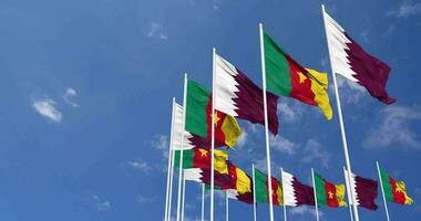 Cameroon and Qatar Flags Waving Together in the Sky, Seamless Loop in Wind, Space on Left Side for Design or Information, 3D Rendering video