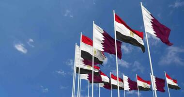 Egypt and Qatar Flags Waving Together in the Sky, Seamless Loop in Wind, Space on Left Side for Design or Information, 3D Rendering video
