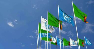 Zambia and United Nations, UN Flags Waving Together in the Sky, Seamless Loop in Wind, Space on Left Side for Design or Information, 3D Rendering video