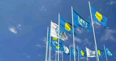 Palau and United Nations, UN Flags Waving Together in the Sky, Seamless Loop in Wind, Space on Left Side for Design or Information, 3D Rendering video