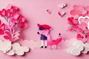 AI generated Cute love paper cut style romantic scenery. Valentines Day. Mother's Day anniversary. Pro Photo