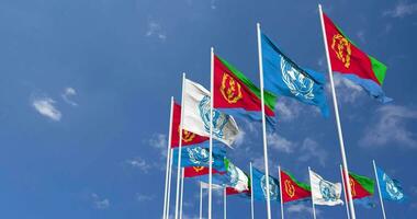 Eritrea and United Nations, UN Flags Waving Together in the Sky, Seamless Loop in Wind, Space on Left Side for Design or Information, 3D Rendering video