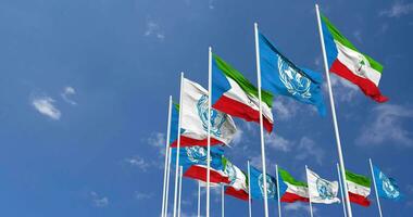 Equatorial Guinea and United Nations, UN Flags Waving Together in the Sky, Seamless Loop in Wind, Space on Left Side for Design or Information, 3D Rendering video