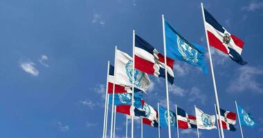 Dominican Republic and United Nations, UN Flags Waving Together in the Sky, Seamless Loop in Wind, Space on Left Side for Design or Information, 3D Rendering video