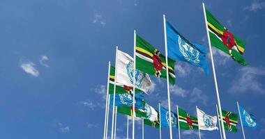 Dominica und vereinigt Nationen, un Flaggen winken zusammen im das Himmel, nahtlos Schleife im Wind, Raum auf links Seite zum Design oder Information, 3d Rendern video