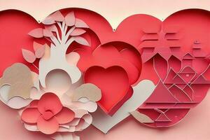 AI generated Cute love paper cut style romantic scenery. Valentines Day. Mother's Day anniversary. Pro Photo