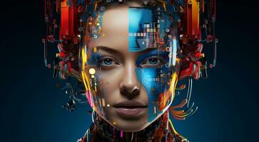 AI generated abstract AI face on technology background, AI humans face on background, technology AI face, bionic robot face photo