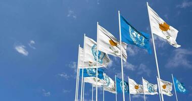 Cyprus and United Nations, UN Flags Waving Together in the Sky, Seamless Loop in Wind, Space on Left Side for Design or Information, 3D Rendering video