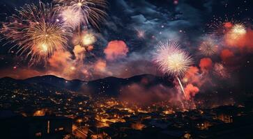 ai generado fuegos artificiales en el cielo, fuegos artificiales a noche, fuegos artificiales terminado el ciudad, de colores Fuegos artificiales antecedentes foto