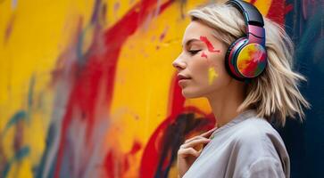 AI generated pretty fashion girl on abstract background with headphones, girl listening to music with headphones, fashion girl on abstract background photo