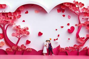 AI generated Cute love paper cut style romantic scenery. Valentines Day. Mother's Day anniversary. Pro Photo