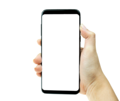 Woman hand holding black mobile phone with white screen at the background png
