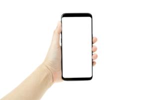 Hand woman holding a black mobile phone with a white screen in the background, smartphone blank screen png