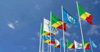 Congo and United Nations, UN Flags Waving Together in the Sky, Seamless Loop in Wind, Space on Left Side for Design or Information, 3D Rendering video