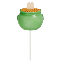 St. Patrick's day dessert Chocolate Mint pot of gold cake pop with shamrock on transparent background, 3D Rendering png