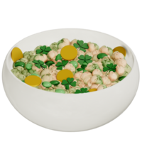 St. Patrick's day dessert Caramel Popcorn with shamrock and chocolate gold on transparent background, 3D Rendering png