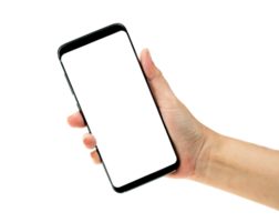 Woman hand holding black mobile phone with white screen at the b png