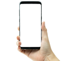 Hand woman holding a black mobile phone with a white screen in the background, smartphone blank screen png