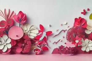 ai generado vistoso papel cortar estilo flores y hojas romántico escenario. san valentin día. de la madre día aniversario. Pro foto