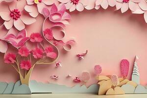 AI generated Colorful paper cut style flowers and leaves romantic scenery. Valentines Day. Mother's Day anniversary. Pro Photo