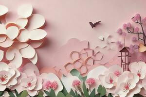 AI generated Colorful paper cut style flowers and leaves romantic scenery. Valentines Day. Mother's Day anniversary. Pro Photo