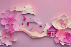 AI generated Colorful paper cut style flowers and leaves romantic scenery. Valentines Day. Mother's Day anniversary. Pro Photo