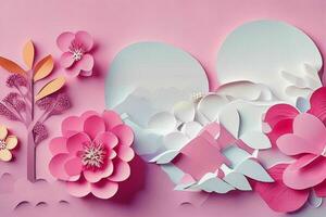 AI generated Colorful paper cut style flowers and leaves romantic scenery. Valentines Day. Mother's Day anniversary. Pro Photo