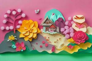 AI generated Colorful paper cut style flowers and leaves romantic scenery. Valentines Day. Mother's Day anniversary. Pro Photo